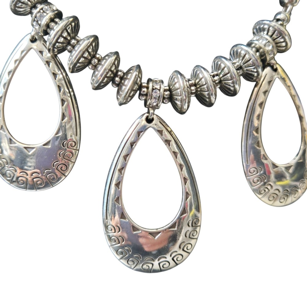 VTG Brighton Three Teardrops and Crystal Beads Chunky Silver Statement Necklace